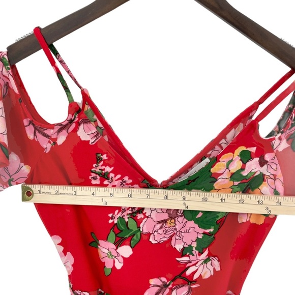 PIGALLE Daisy Red Floral Cold Shoulder Tie Midi Dress - Picture 5 of 8